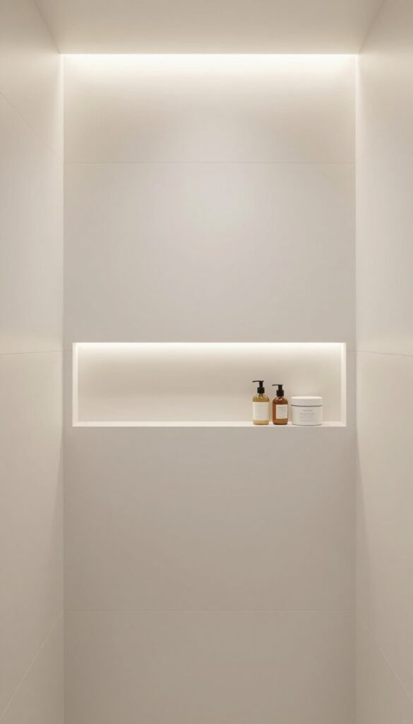 Modern zero-entry shower with built-in niche and LED lighting for storage and ambiance.