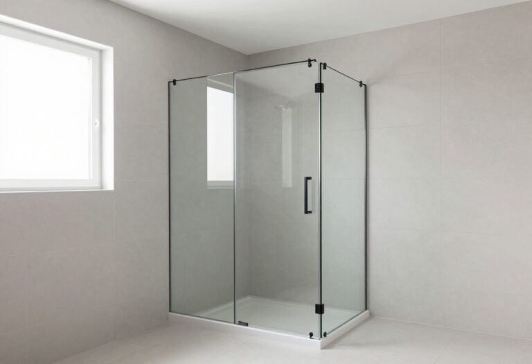 A small bathroom with a frameless glass walk-in shower in bright natural light, highlighting open design and minimal hardware for a spacious feel.