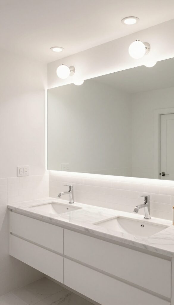 A bright all-white bathroom with layered lighting including wall sconces, recessed lights, and under-vanity LED strips to enhance brightness and texture.