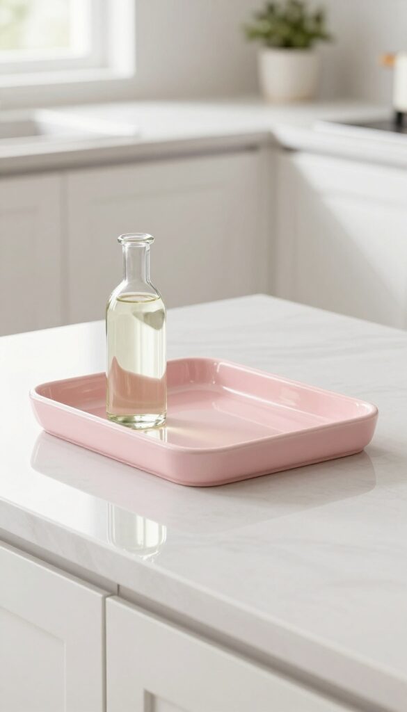 Glossy ceramic drip tray in pastel pink on a kitchen counter with an oil bottle and natural light