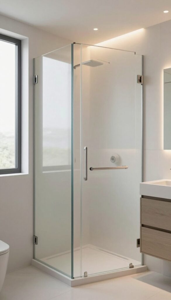 A modern bathroom with a frosted glass shower door illuminated by soft LED lighting, showcasing privacy and style in a clean, natural-lit setting.