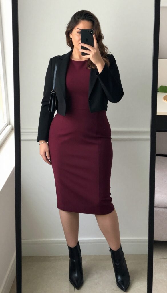 Plus-size woman taking a mirror selfie wearing a burgundy A-line dress with a cropped black blazer, black ankle boots, and a small handbag. She has her hair in a loose bun and holds her phone to partially cover her face. The setting is a bright room with a full-length mirror.