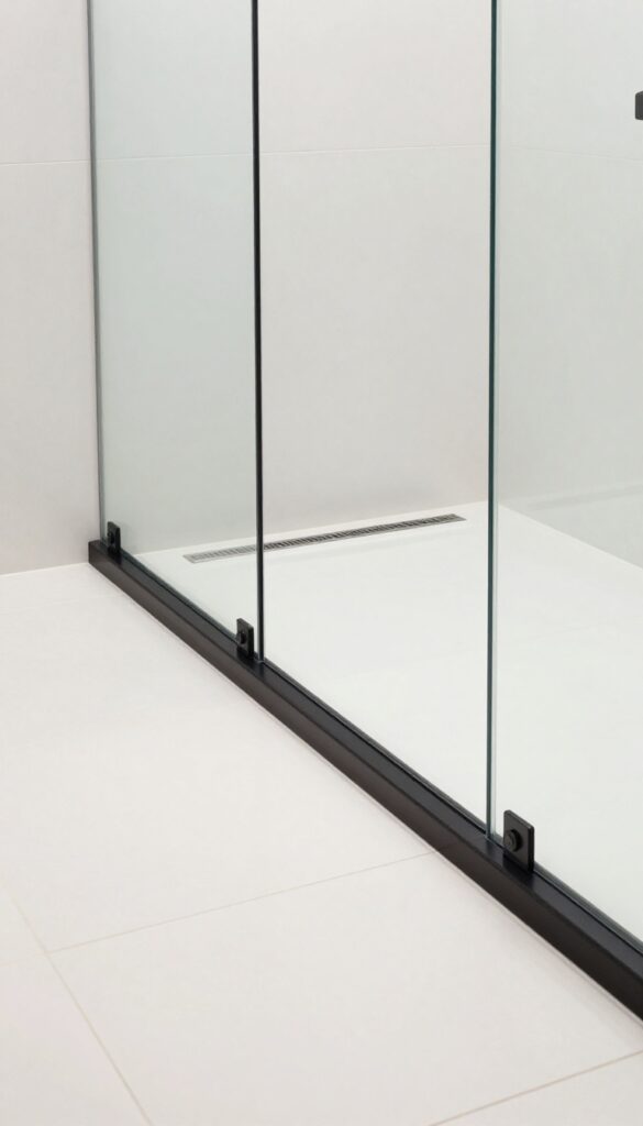 A master bathroom walk-in shower with a linear drain along the wall and seamless large-format tile flooring in bright natural light.