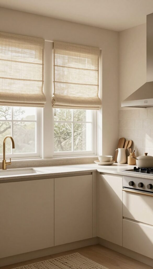 Warm taupe kitchen with layered textures including matte cabinets, woven shade, and stone countertops