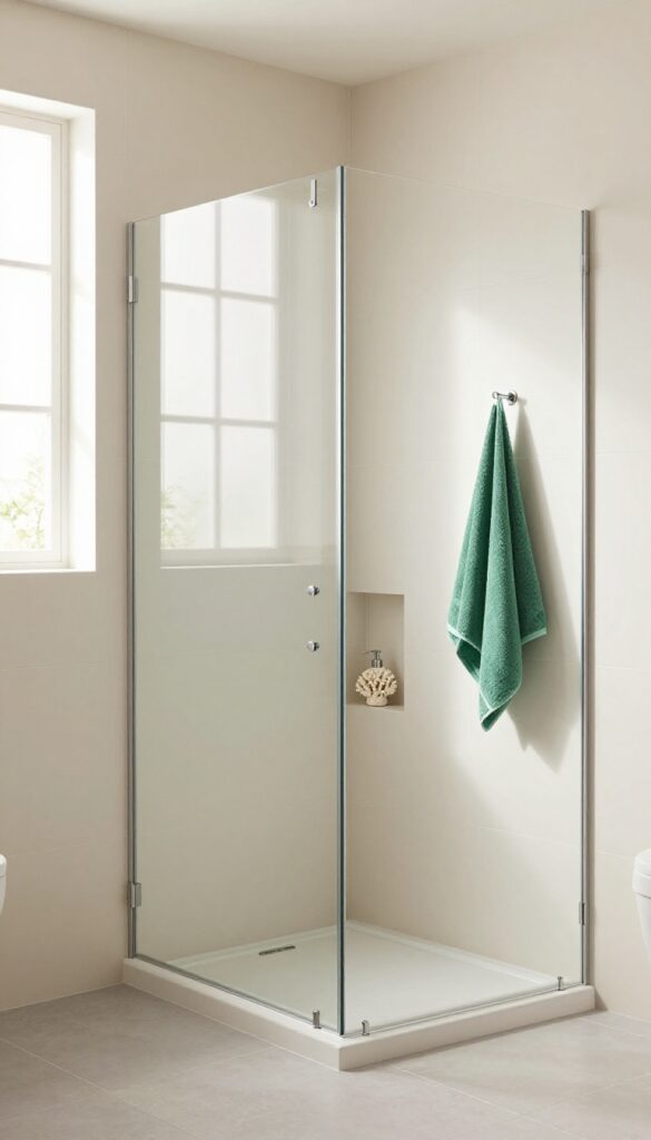 Neutral shower bathroom with one emerald towel as pop of color