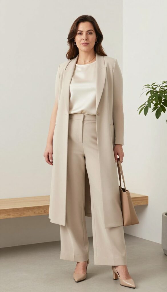 Mid-size woman in a taupe longline vest over cream top and matching trousers, nude pointed heels, cognac tote bag, standing in a bright minimalist office setting.