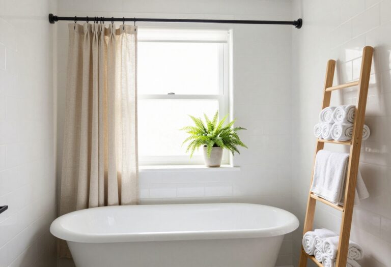 Farmhouse bathroom with oatmeal linen shower curtain and clawfoot tub