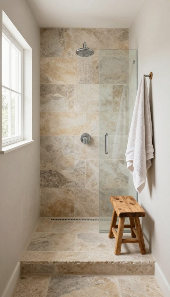 Farmhouse walk-in shower with warm natural stone flooring in earthy tones under bright natural light, featuring neutral walls and simple fixtures for a cozy, rustic bathroom inspiration.