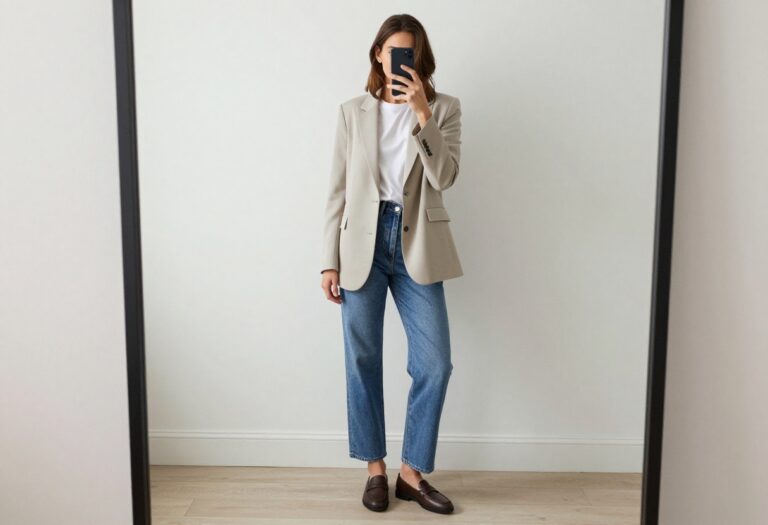 Millennial mom wearing relaxed straight jeans and a structured blazer, taking a mirror selfie in bright natural light