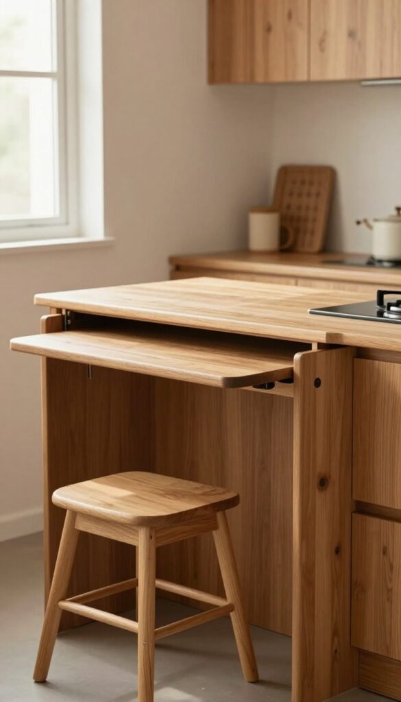 Under-cabinet drop-leaf table in a small kitchen with warm wood tones and natural light