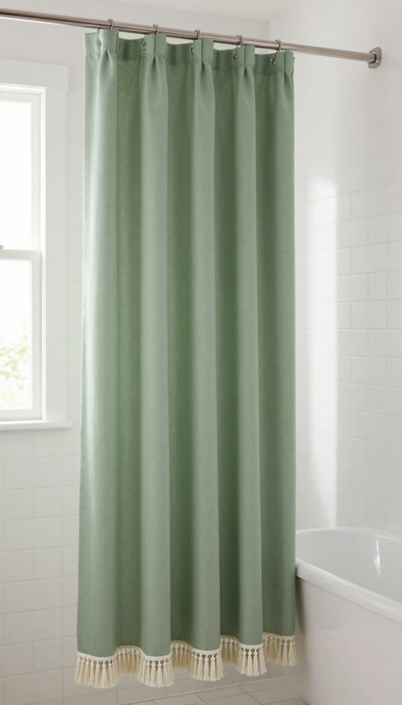 A sage green shower curtain with white tassel fringe in a bright, tiled bathroom.