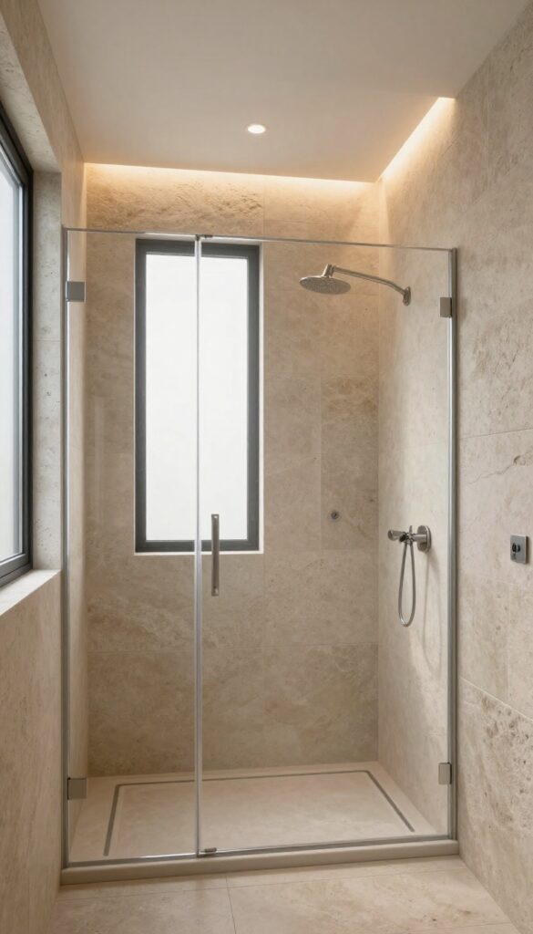 A modern walk-in shower with recessed dimmable lighting creating a soft ambiance on textured stone walls in bright natural light.