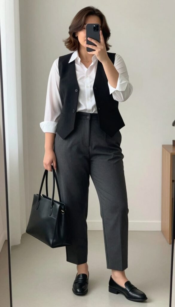 Plus-size woman in tailored black vest over white shirt and charcoal trousers, posing in a mirror selfie in a bright office setting.