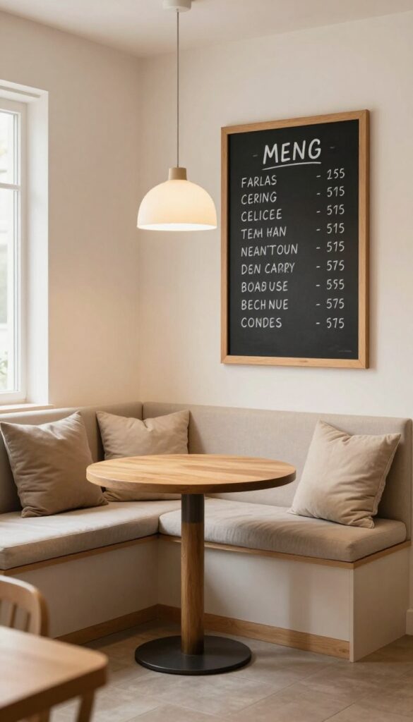 Cozy kitchen nook with banquette, chalkboard wall, and warm neutral decor