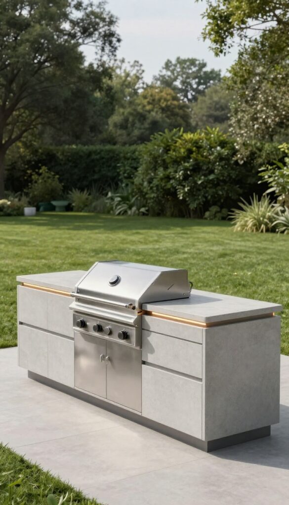 Sleek built-in grill station in a modern backyard kitchen