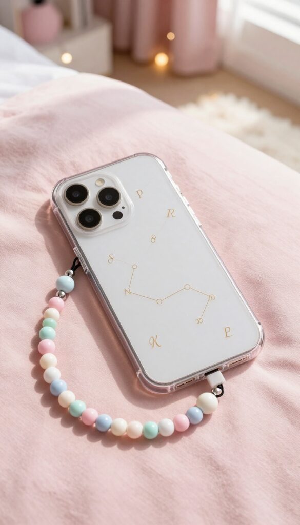 Customized phone case with gold initials and zodiac pattern, beaded phone charm, pastel aesthetic, bright natural light