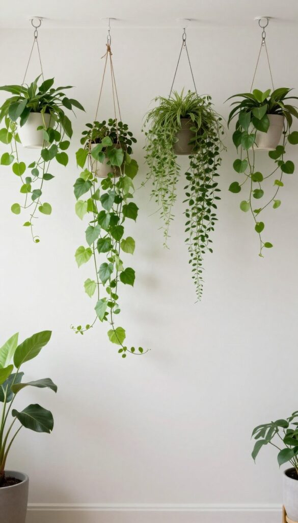 A bedroom with hanging plants used as a stylish divider, featuring rows of trailing greenery in coordinated planters under bright natural light
