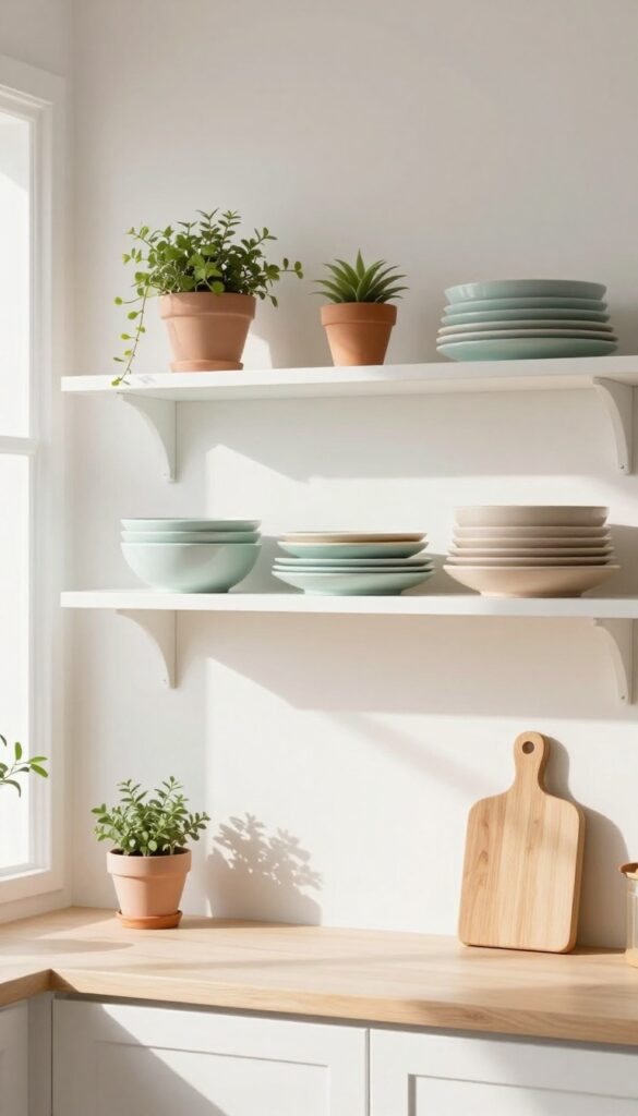 Bright kitchen with open shelving displaying pastel plates, plants, and wooden cutting boards