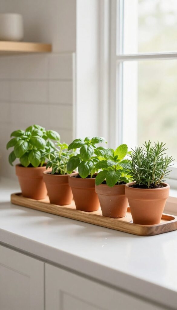 Tiny herb garden on a kitchen windowsill with terracotta pots of fresh herbs in natural light