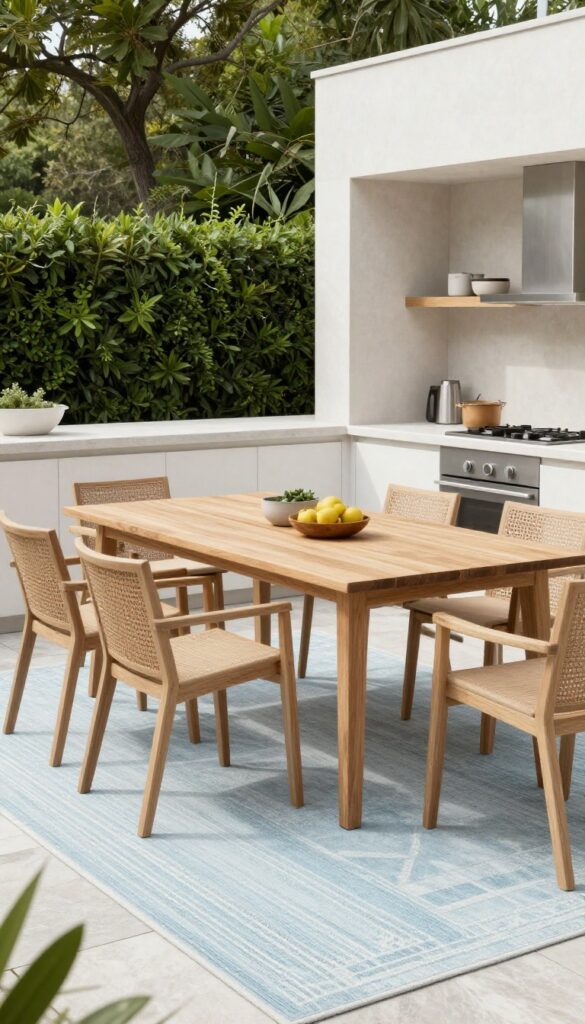Outdoor kitchen dining area with pale blue geometric rug under a wooden table and chairs, surrounded by greenery in natural light.