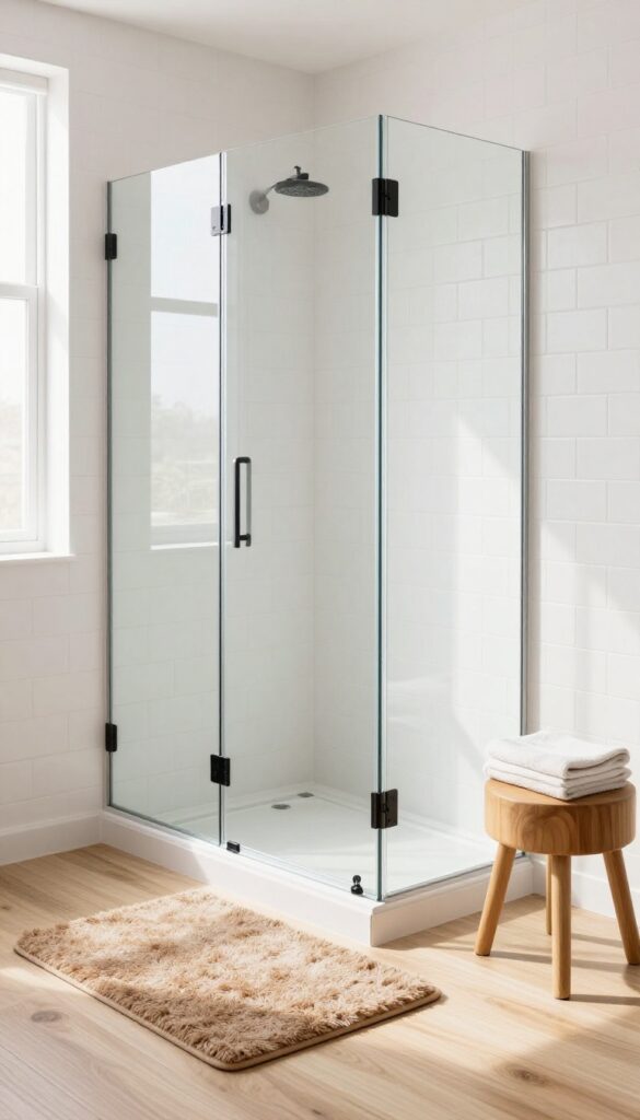 Frameless glass shower door with matte black hardware in a bright bathroom