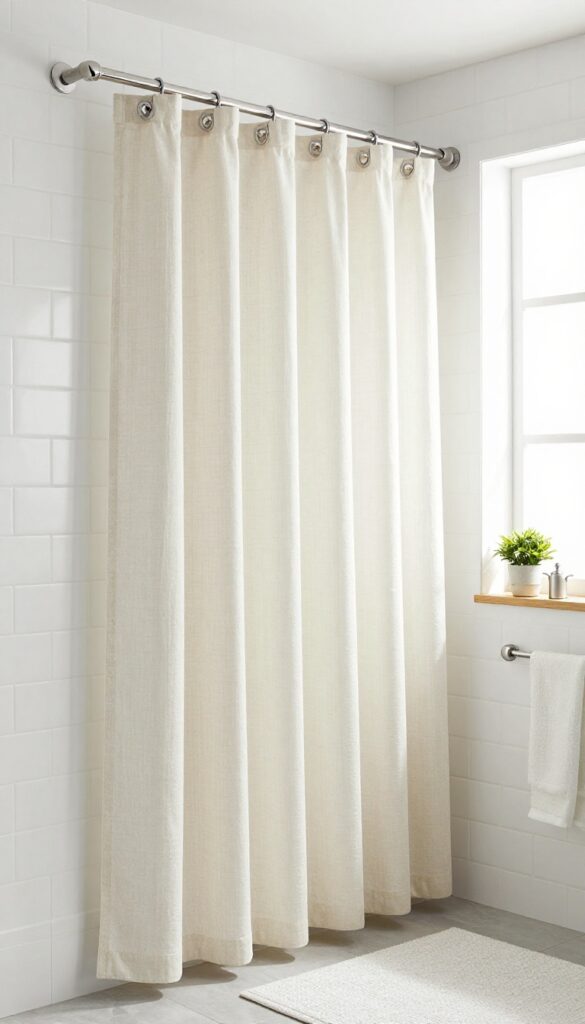 A tension-mounted curved shower curtain rod in a rental-friendly bathroom setup, showing secure installation between walls with natural lighting and minimalist decor.