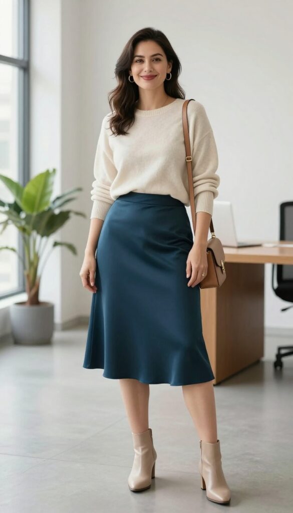 Mid-size woman in teal satin midi skirt and cream sweater, nude ankle boots, tan bag, standing in bright office setting.