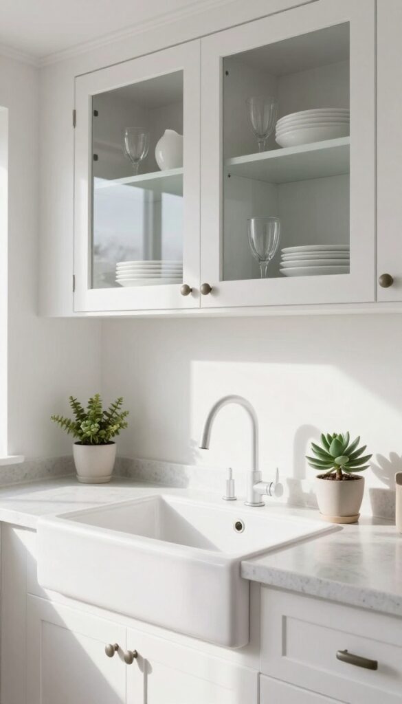 Modern kitchen with glass-front cabinets displaying white dishes and glassware, natural light, bright and airy