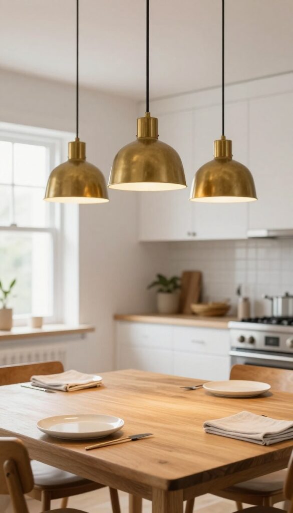 Warm-toned pendant lights hanging above a dining table in an open-plan kitchen, creating a cozy and inviting atmosphere.