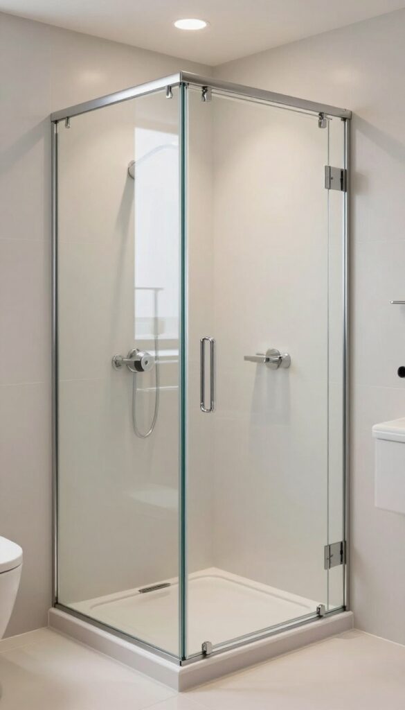 Sliding glass door in a modern bathroom, showing space-saving design with clear glass on a chrome track, in bright natural light.