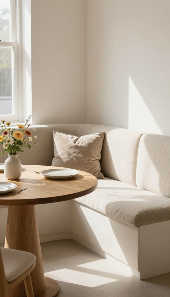 Cozy kitchen diner banquette seating with cushions and natural light