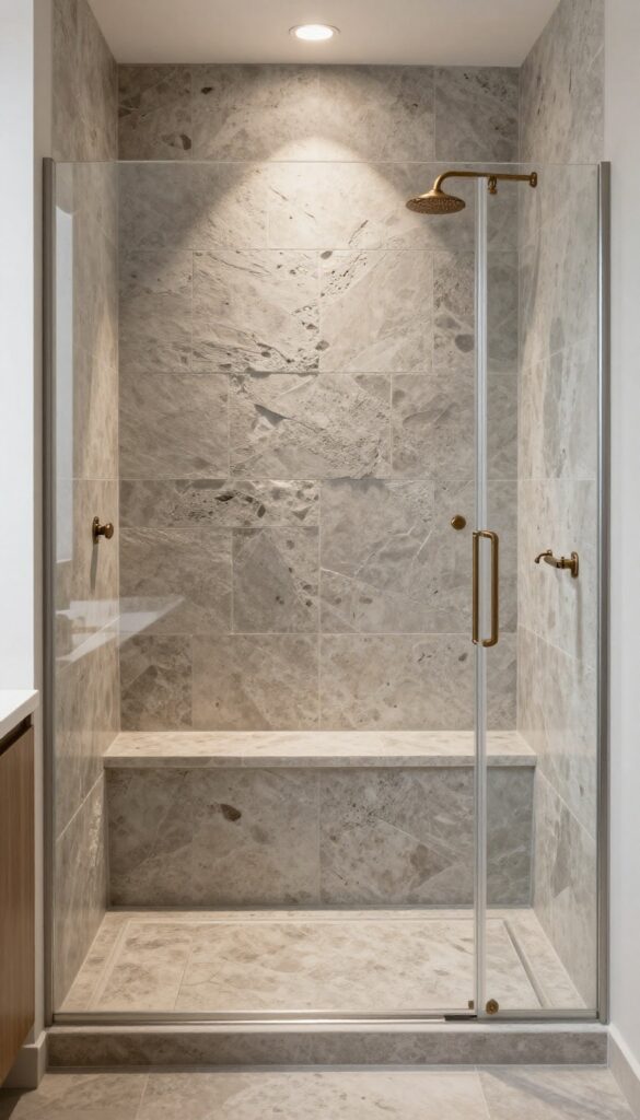 Walk-in shower with textured stone-look tiles and built-in bench in natural light