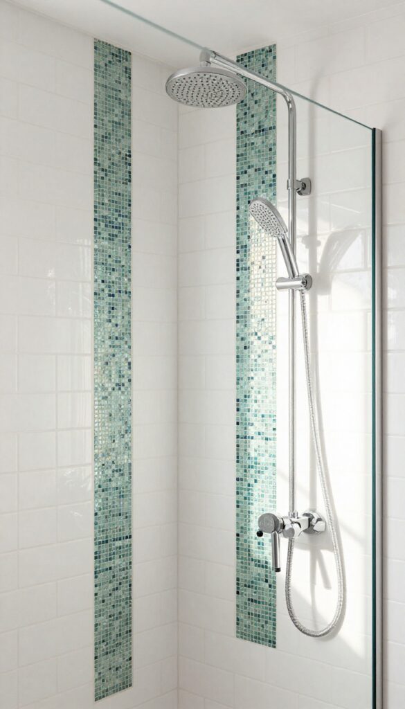 Shower with vertical glass mosaic tile strip drawing eye upward