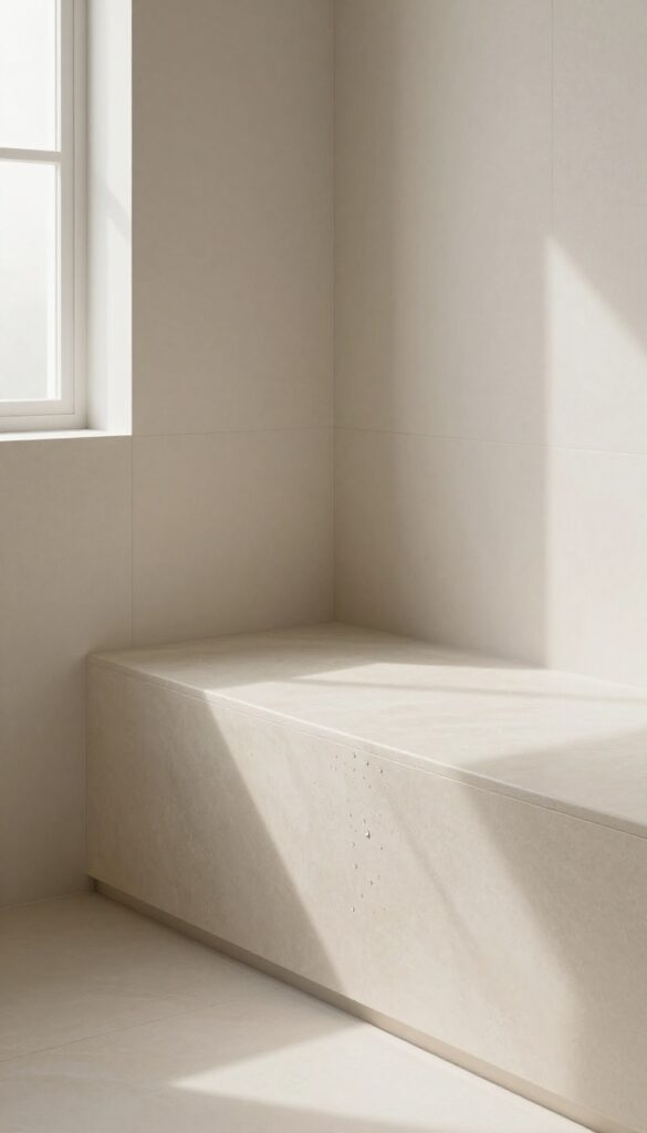 A curved shower bench with soft organic lines in a modern bathroom, showcasing gentle flowing design for space efficiency and comfort under bright natural light.