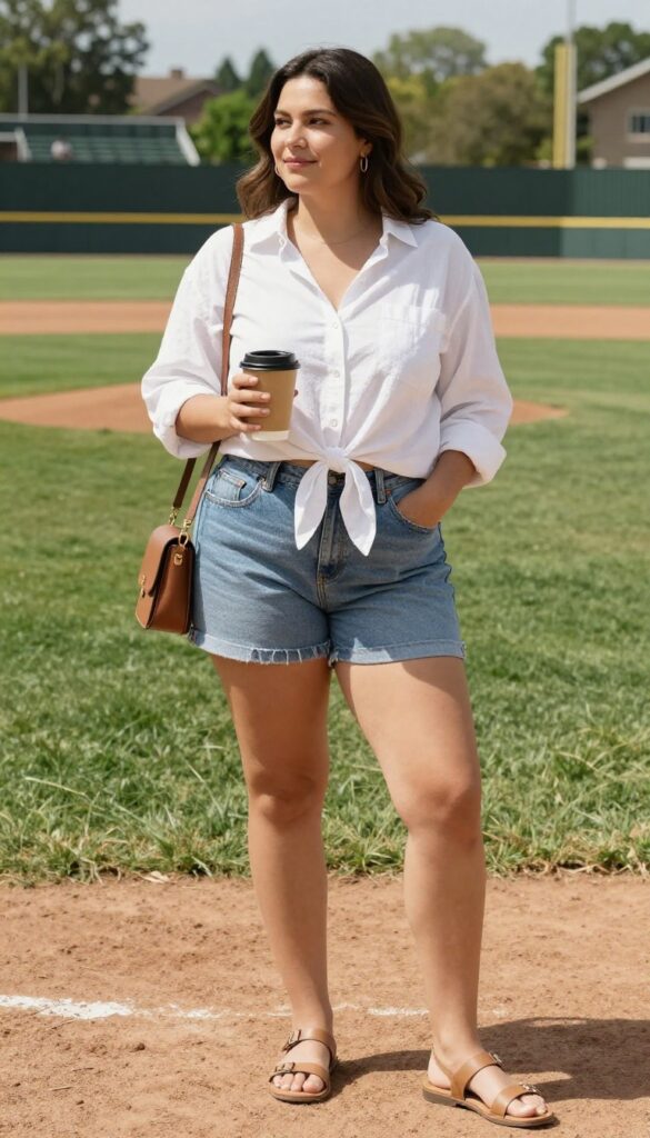 Woman in white button-down shirt tied at waist with denim shorts, sandals, and crossbody bag at a baseball game.