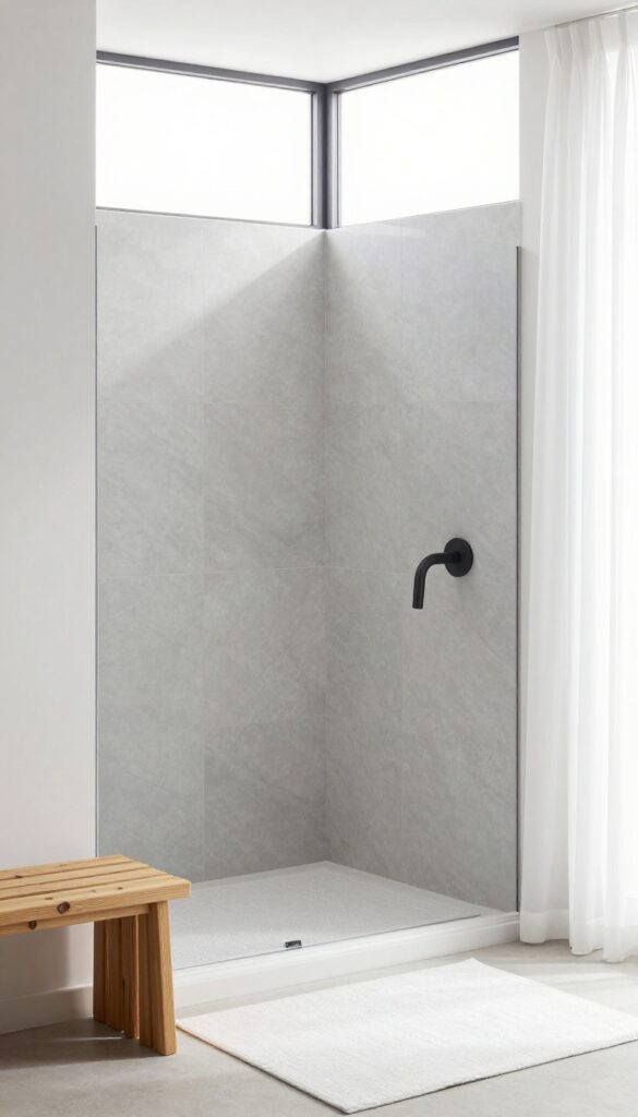 Large format porcelain slabs in a coastal shower with warm wood accents and matte black fixtures