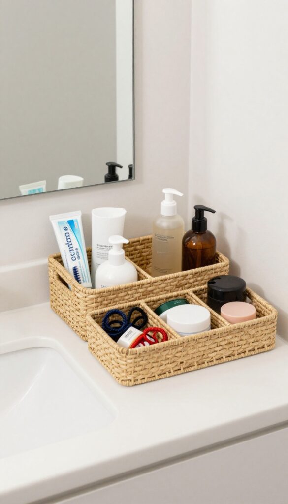 A tidy college bathroom counter with matching woven seagrass baskets organizing toiletries like toothpaste and skincare bottles in bright natural light.