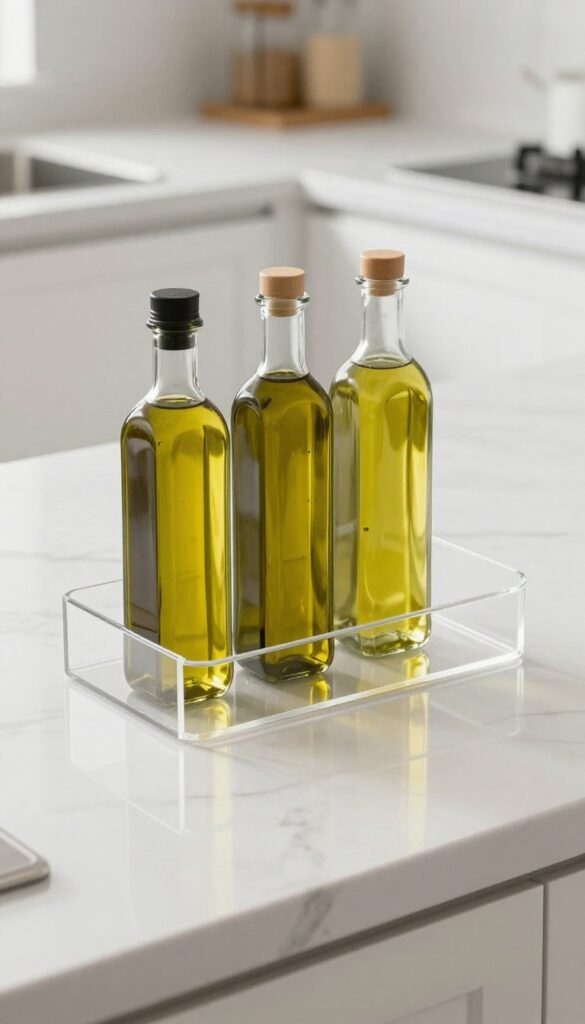Clear acrylic tray with glass oil bottles on a minimalist kitchen countertop