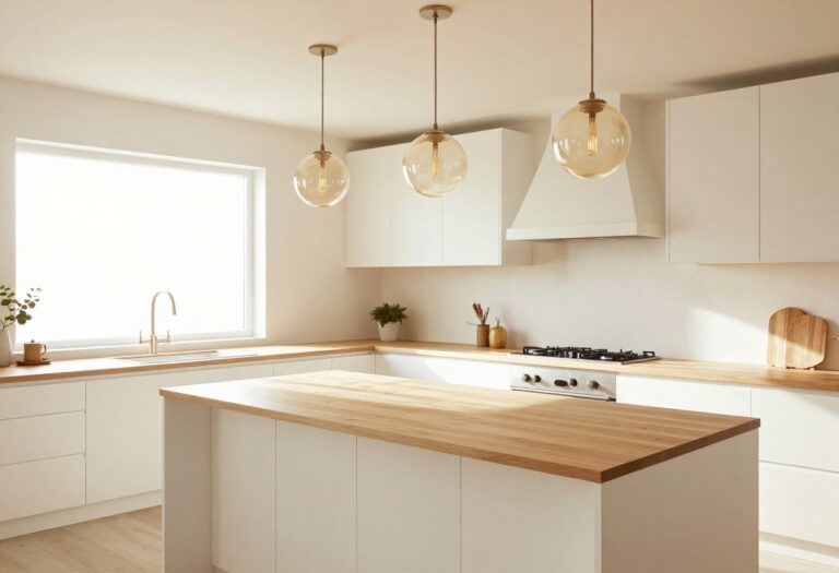 Modern kitchen island with three glass globe pendant lights in warm tones