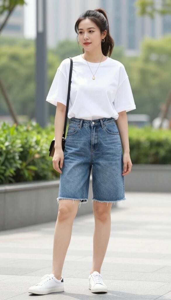 A woman wearing a white oversized tee and denim shorts for a comfortable summer outfit, styled with sneakers and minimal accessories in a casual urban setting.
