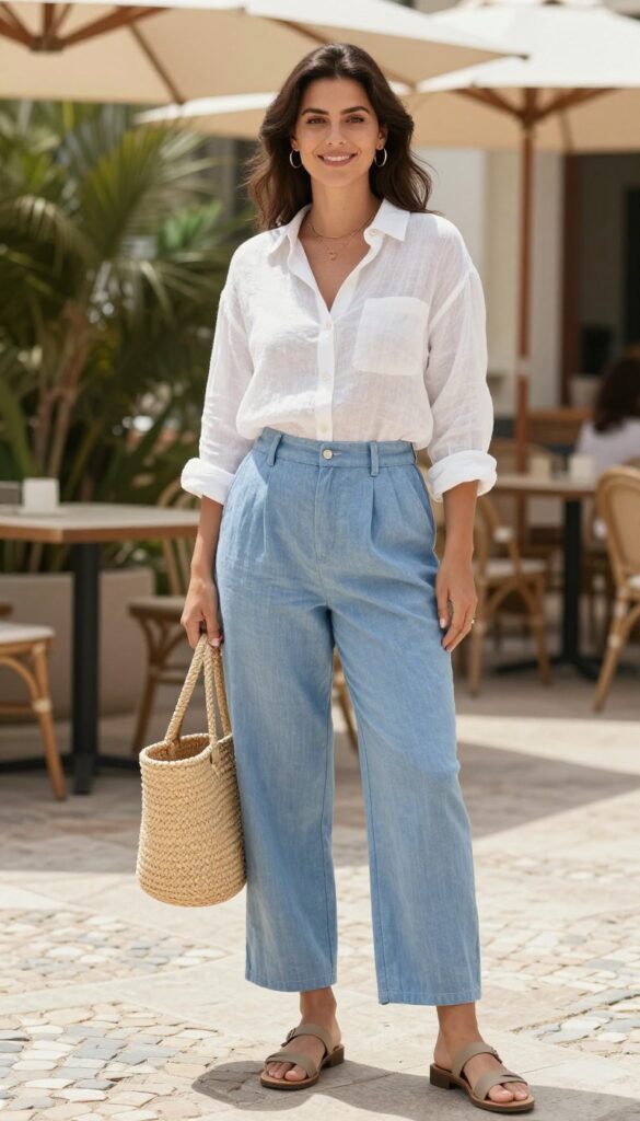 A curvy woman in a stylish summer vacation outfit featuring a white linen shirt and blue trousers, accessorized with gold jewelry and a straw tote, standing in a sunny coastal setting.