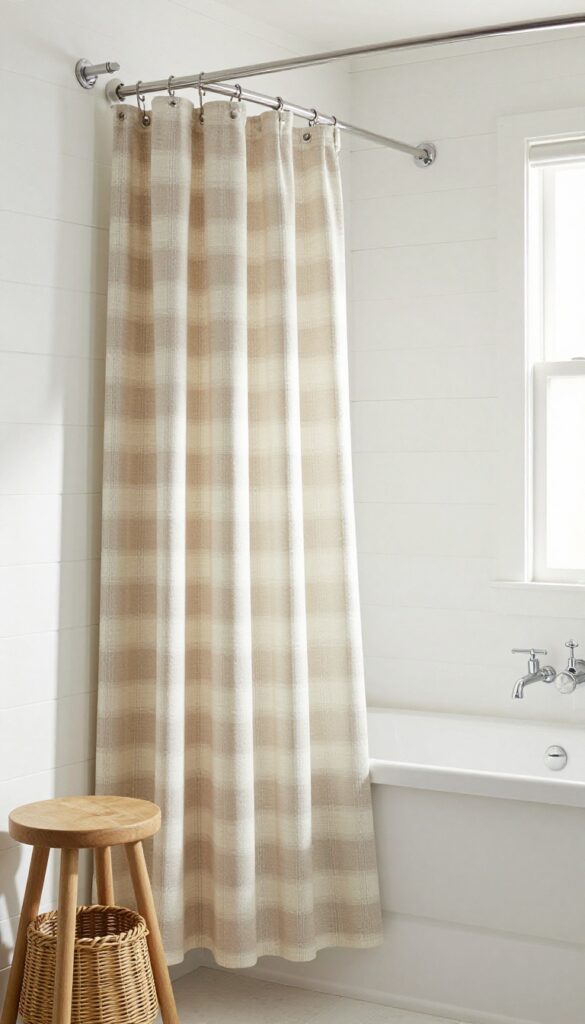 Farmhouse bathroom with neutral buffalo check shower curtain, chrome fixtures, and natural wood accents.