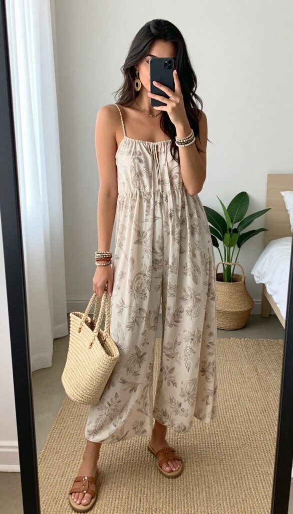 Woman taking a mirror selfie wearing a flowy boho jumpsuit with wide legs, flat sandals, straw tote, and layered accessories in a bright, airy room.