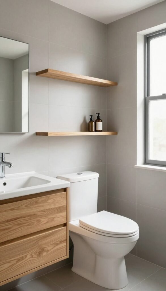 A calm and clean gray and wood bathroom combination with natural textures, showing light oak cabinets and shelves against soft gray walls in bright daylight.