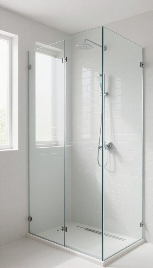 Vertical subway tile shower with glass enclosure and linear drain