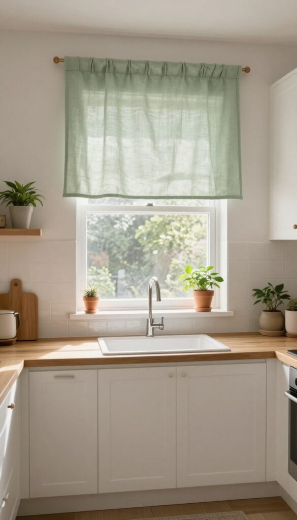 Kitchen with sage green linen valance above sink window, soft natural light, white cabinets and wooden countertops.