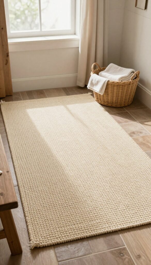 A woven cotton rug on a bathroom floor with rustic decor, showcasing comfort and style without looking cheap.