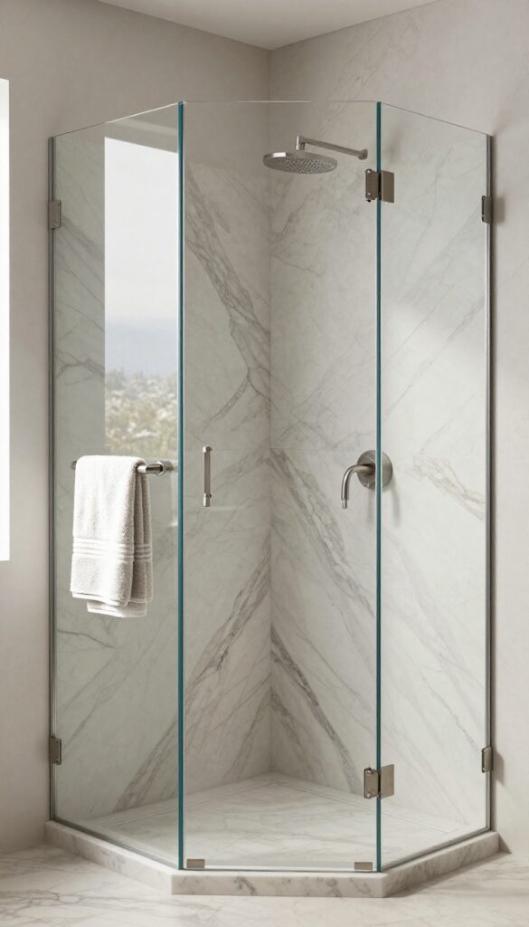 Minimalist brushed metal fixtures in an onyx shower with clean lines and natural light