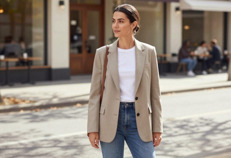 A stylish mom wearing a tailored blazer over a white tee and straight-leg jeans, standing confidently on a city sidewalk in fall.