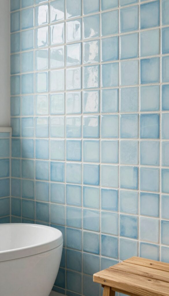 Pale blue zellige-style tile in a shower with glossy finish, natural light reflections, matte white fixtures, and teak wood accents.